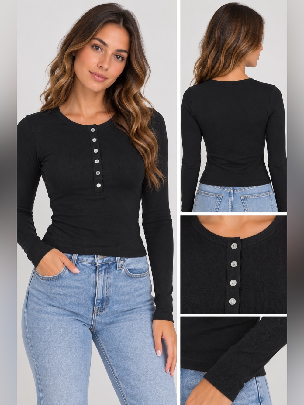 Women's Black Long-Sleeve Henley Top with Button Placket